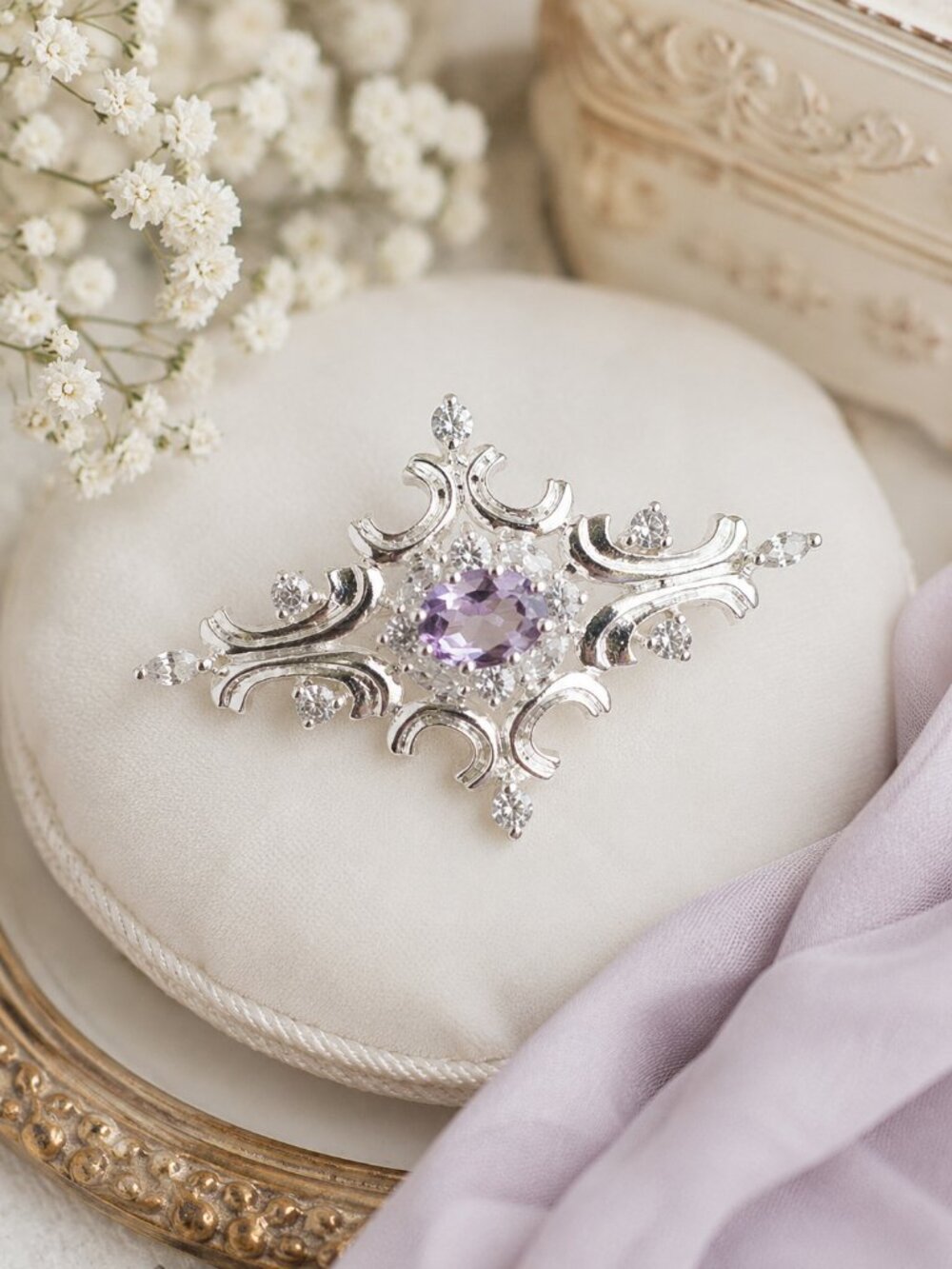 Vintage JC 925 Sterling Silver Amethyst Scroll Brooch Pin CZ Ornate